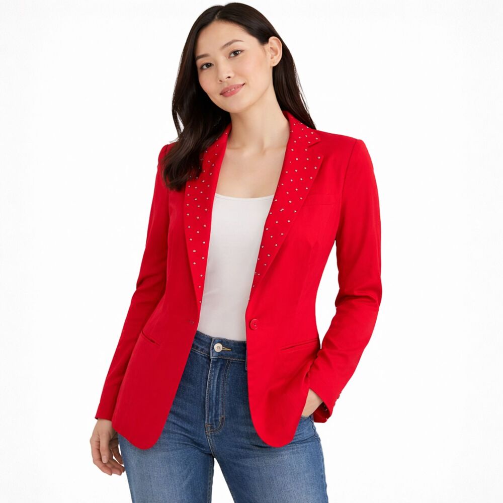 Linen Blend Studded Rock & Republic Jacket Red Long Sleeves Single Button 4